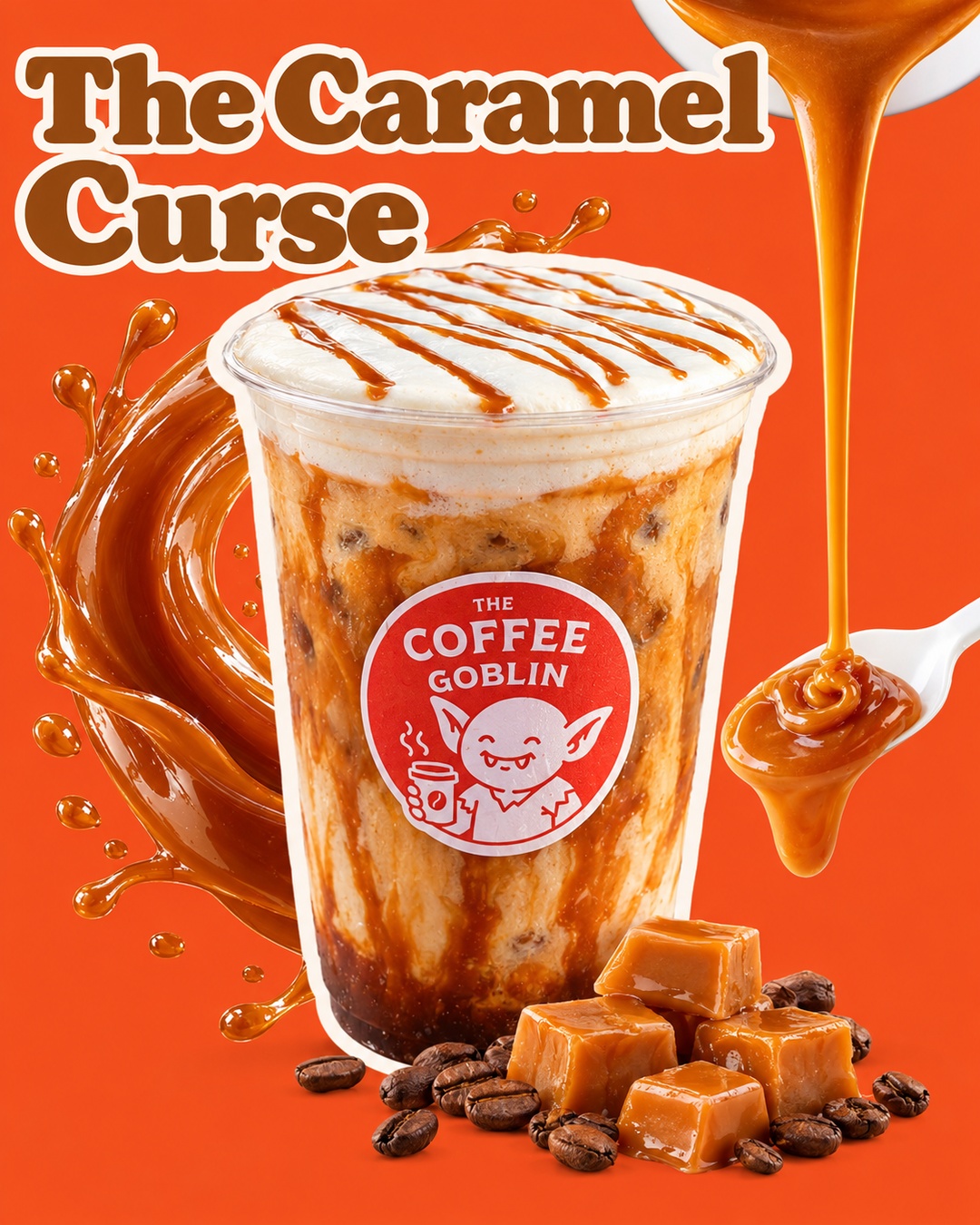 The Caramel Curse iced caramel latte with salted caramel cold foam and caramel drizzle.